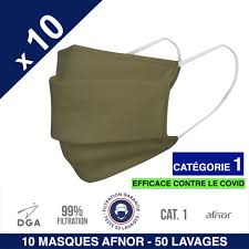 Masque réservé à des usages non sanitaires de catégorie 1 selon la note d'information du 29 mars 2020 Herolab 10 Masques En Tissu Lavables Et Reutilisables Uns 1 Grand Public Afnor Dga Categorie 1 Filtration 99 50 Lavages Kaki