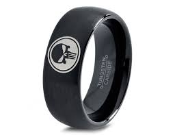 Punisher Tungsten Wedding Band Ring Mens Womens Domed Brushed Black Fanatic Comic Geek Anniversary Enga Tungsten Wedding Bands Skull Wedding Ring Skull Wedding
