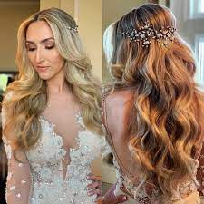 Our Blond Beauty Looking So Elegant With Gorgeous Long Waves Accented With With Dazzling Crystal Vine Crys Bridal Hair Inspiration Beach Bridal Hair Glam Hair