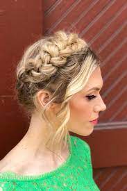 Milkmaid Braids Wavy Bangs Hairstyle Makeup By Goldplaited Braided Hairstyles Updo Hairstyles With Bangs Updo Hairstyles For Work
