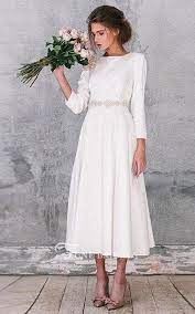 Natural Long Sleeve Taffeta Weddig Dress 2019 Casual Wedding Dresses For Older Brides Civil Weddin Gaun Pengantin Pendek Gaun Lengan Panjang Gaun Perkawinan