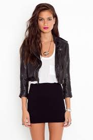 Black And White Outfit With Red Lipstick Cool Biker Look Red Lipstick Leather Jacket White T Black Mini Skirt Fashion Cute Fall Outfits Style