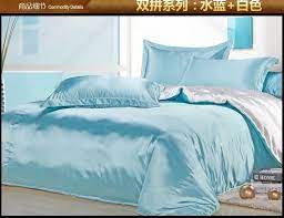 aqua bleu blanc soie ensemble de literie satin draps reine pleine couette housse de couette super king taille double lit lit satin bedding linen bed sheets bed