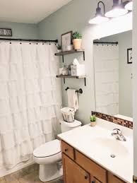 Black And White Shower Curtain Farmhouse Farmhouse Style Guest Bathroom Sea Salt Blue Gray By Sherwin Williams White Ruffle Shower Curta Farmhouse Shower Farmhouse Shower Curtain Trendy Bathroom