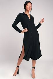 Everyday Chic Black Long Sleeve Midi Shirt Dress Long Sleeve Midi Shirt Dress Long Black Shirt Dress Chic Black Dress