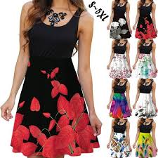 New Summer Women Round Neck Dress Casual Sleeveless Dress Floral Printed Dress Slim Flower Dress Plus Size Wish In 2020 Sleeveless Dresses Casual Casual Dresses Plus Size Dresses