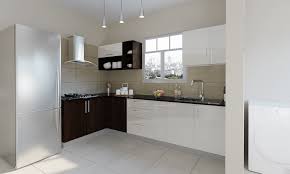 Upscale kitchen with granite island. Frosty White With Wenge L Shaped Modular Kitchen India Homelane