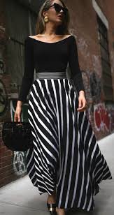 Black And White Maxi Skirt Outfit Spring Favorites Black And White Striped Maxi Skirt Black Off The Shoulder Bodysuit Black Embellished Mule Fashion Maxi Skirt Outfits Striped Maxi Skirts