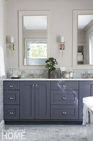 Master Bathroom With Dark Gray Vanity Light Gray Floors Two Mirrors Over The Double Sink And O Master Bathroom Vanity Grey Bathroom Vanity Dark Gray Bathroom