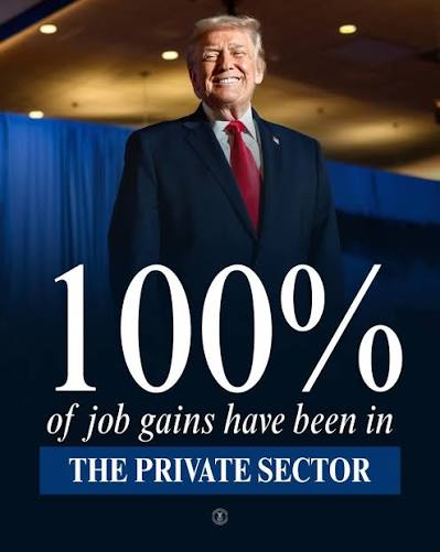Under the Biden administration, most job growth came from government jobs  and foreign labor. Now, with President Trump at the helm, every single job  created has been in the PRIVATE SECTOR for