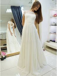 Sleeveless long mermaid lace and tulle wedding dress. A Line Bateau Short Sleeves Lace Up Chiffon Wedding Dress With Lace 0 00 Only Romprom Com