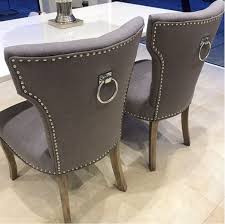 Grey Linen Ring Back Dining Chairs With Chrome Stud Detail In Stock And Ready For Delivery Di Grey Dining Room Chairs Fabric Dining Chairs Grey Dining Room