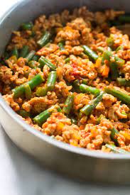 Whether you got a great deal on ground turkey at the supermarket or you're just looking for healthy ground turkey recipes, we've got a recipe for you—and it's anything but dry! Ground Turkey Skillet With Green Beans Primavera Kitchen Ground Turkey Recipes Healthy Healthy Ground Turkey Ground Turkey Recipes Easy