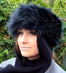 Black Faux Fur Frieda Scarf Hat. Faux Fur Band With Fleece Top and Long  Fleece Sides. Long Black Fake Fur With Full Polar Fleece Lining