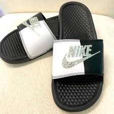 Black And White Nike Slides Womens Nike Benassi Slides Sandals White Black White Pure Platinum Custom Bling Clear C Nike Benassi Lat Nike Slides For Girls Nike Benassi Jordan Shoes For Women