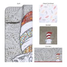 A crib sheet with the cat in the hat himself looking so happy and ready for fun. Dr Seuss Peek A Boo Cat In The Hat 4 Piece Crib Bedding Set 4 Piece Crib Bedding Trend Lab