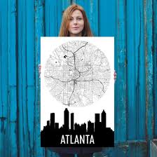 Atlanta city skyline black and white silhouette with reflections. Atlanta Skyline Silhouette Art Prints Modern Map Art