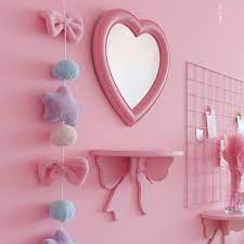Korean Pink Mirror Wall Mounted Room Love Decoration Girl Heart Pink Colour Peach Makeup Dressing Mirror Dolls Alie Love Decorations Pink Mirror Kawaii Room