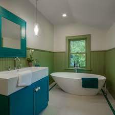Bathroom wall decor sea turtle hd pictures print on canvas framed wall art for bedroom kitchen modern blue coastal room decorations art work green turtle on blue water size 12x16 inches ready to hang 4.8 out of 5 stars 127 75 Green Bathroom With Blue Cabinets Design Ideas You Can Actually Use 2021 Houzz