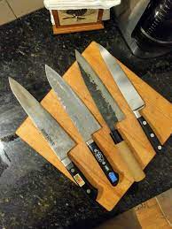 Its scalloped blade can slice cleanly through the crispy crusts of whole loaves. Chef Knives 3 Japanese 1 French Chefknives