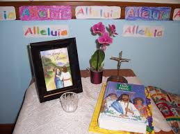 Our Classroom Prayer Table Depicts The Joy Of The Easter Season Alleluia Classroom Prayer Christian Crafts Classroom Arrangement