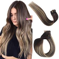 Blonde highlights on blonde hair. Human Hair Clip In Extensions For Black White Women Real Remy Hair Extensions Clip On Ombre Balayage Brown Roots To Medium Brown With Honey Blonde Highlights Double Weft 70g 7pcs 16 Clips 20