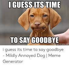 Let these awesome dog memes remind you that if you don't have an adorable pooch with you, then maybe you should adopt one asap! Iguess Its Time Tosay Goodbye Memegenerato Net I Guess Its Time To Say Goodbye Mildly Annoyed Dog Meme Generator Meme On Me Me