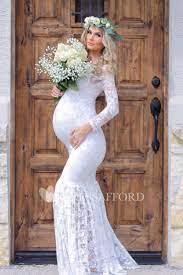 Mermaid Scoop Pleated Long Sleeve Floor Length Lace Maternity Wedding Dress Lace Maternity Wedding Dresses Pregnant Wedding Dress Wedding Dresses Pregnant Brides