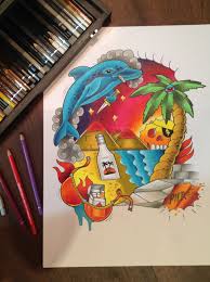 Sunset and 2 dolphins drawing. Alerte Au Malibu 2 Birderline Pier1er Tattooflash Sketch Drawing Illustration Full Color Pencil Fabercastell Dolphin Drawing Drawings Illustration