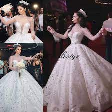 Discount2018 Luxury Glitter Long Sleeve Wedding Dresses Queen Princess Sheer High Neck Crystal Kaftan Dubai Puffy Bridal Wedding Gowns Plus Size From Kazte 33 Queen Wedding Dress Wedding Dress Long Sleeve