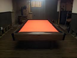 This Old Brunswick Bristol Pool Table Was Reclothed With Orange Bed Cloth And Black Rails To Recreate A Harley Davi Pool Table Room Pool Table Pool Accessories