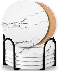 Buy Coaster Sets Of 6 Pieces Absorbent Ceramic Stone Marble Pattern Coasters With Cork Base White Coasters For Drinks With Metal Holder Stand Decorations For Living Room And Coffee Table Decor Online