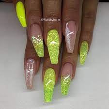 Neon Yellow Egenblandat Glitter Handmalad Nail Art Neon Yellow Nails Neon Green Nails Yellow Nails