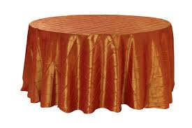 When used to complement your wedding chair covers or as a wedding reception hall accent, the textured look of intricately tucked rows of burnt orange taffeta will definitely help make a stylish statement. 132 Inch Pintuck Taffeta Round Tablecloth Burnt Orange Your Chair Covers Inc