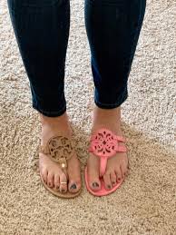 We found some amazing dupes of the popular Tory Burch Miller sandals.  Andrea (left photo) is wearing the Report Genie flip flop in gold and  Rachael (right photo) is rocking the Sam