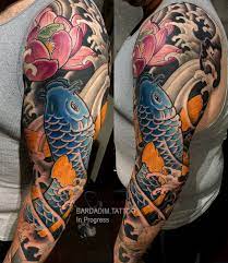 Koi And Lotus Tattoo Japanese Sleeve Koitattoo Lotustattoo Japanesefullsleeve Koifullsleevetatto Half Sleeve Tattoos Black Irezumi Tattoos Sleeve Tattoos
