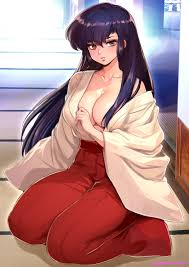 oyaman, sakura (urusei yatsura), urusei yatsura, commentary request,  highres, 1girl, breasts, brown eyes, collarbone, hair between eyes, hair  over shoulder, hakama, hakama pants, indoors, japanese clothes, kimono,  large breasts, light blush, long