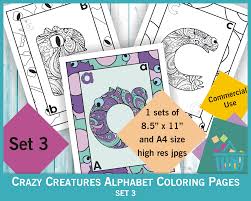 These alphabet coloring sheets will help little ones identify uppercase and lowercase versions of each letter. Crazy Creatures Animal Alphabet Coloring Pages Set 3 Zentangle Letters Commercial Use Pixels Pantry
