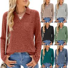 Women Long Sleeve Solid Color Collared Shirt, Casual Loose Fit Top with  Pockets for Autumn and Winter, Size: S(Jujube Red)