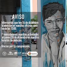 CCP| AVISO 📢 Informamos que HOY 24 de diciembre nuestra atención será  hasta las 13:00 y reanudaremos nuestras actividades el jueves 26 de  diciembre en nuestros horarios regulares de atención. Agradecemos su