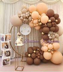 Neutral Colour Organic Balloon Half Arch On Gold Round Mesh Backdrop Baby Shower Party Decorations Baby Shower Balloons Baby Bear Baby Shower