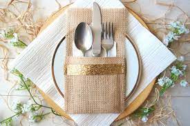 Rustic Burlap Silverware Holder Sparkly Gold Cutlery Pocket Etsy Burlap Silverware Holder Table Setting Decor Silverware Holder