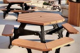 Plaza Hexagon Picnic Table Easy Access Seating For 6 Made From 100 Recycled Plastic Lumber Metal Picnic Tables Picnic Table Outdoor Picnic Tables