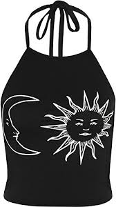 Use delicate setting in cold or hand wash then lay flat to dry. Wearall Women S Sun Moon Print Halter Neck Tied Crop Vest T Shirt Top Black White Us 8 10 Uk 12 14 Buy Online In Botswana At Botswana Desertcart Com Productid 18656341