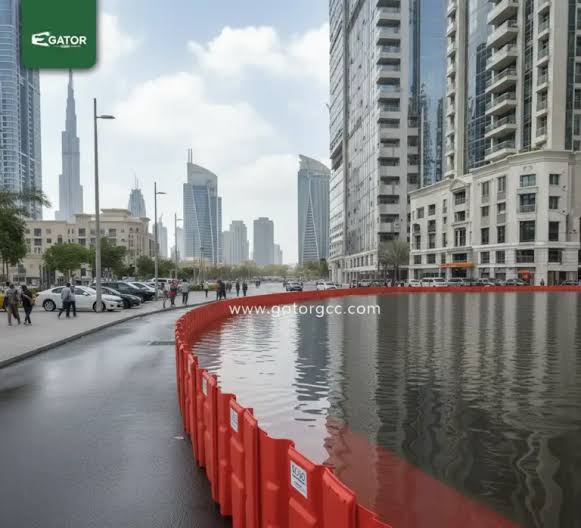 Deployable perimeter flood barriers protect low-lying luxury communities from sudden stormwater surges., AI generated