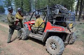 Mc Rae Fire. Firefighters discussing strategy. Polaris Ranger ATV