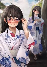 sigmart03, original, wall, absurdres, highres, 1girl, adjusting hair,  blush, brown hair, close-up, cloud, embarrassed, full body, glasses, hair  between eyes, head tilt, japanese clothes, kimono, looking to the side, non  porn, obi, outdoors, purple eyes, sash, sky
