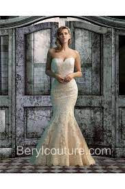 Scalloped lace adorns the sweetheart neckline and hem. Trumpet Mermaid Sweetheart Low Back Champagne Color Lace Wedding Dress With Buttons Ivory Lace Wedding Dress Champagne Wedding Dress Lace Wedding Dress Train