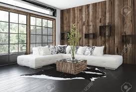 Rustic bedroom furniture also gives a sense of chalet mountains to the room. Stylish Rustic Living Room With Wood Paneling On The Wall And Window Frames A Hardwood Floor Corner Unit Sofa And Animal Skin Rug Lit By Large View Windows 3d Rendering Stock Photo