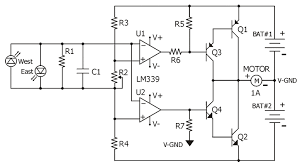 Circuit Diagram For The Lm339 Quad Comparator Based Sun Tracker Solar Tracker Electronic Circuit Projects Electronic Engineering